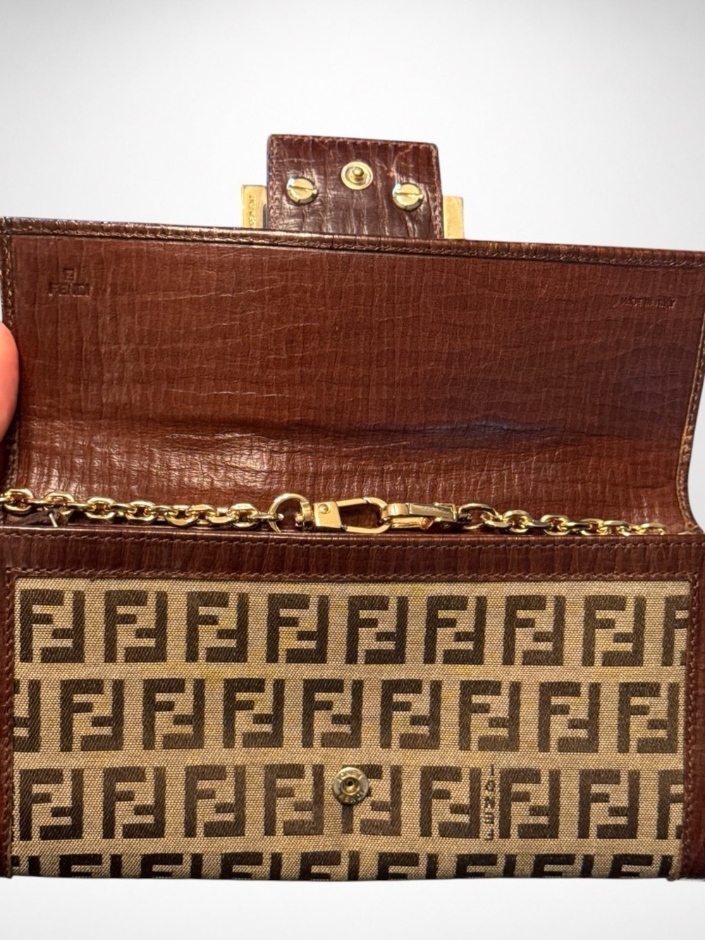 FENDI Zucca Canvas Chain Wallet Crossbody Brown FF Logo Leather Gold Hardware - Picture 8 of 16